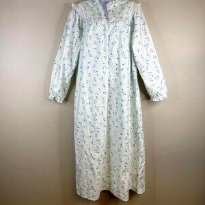 Lanz of Salzburg Rose Floral Grannycore Nightgown Size M Blue White Flannel Cozy